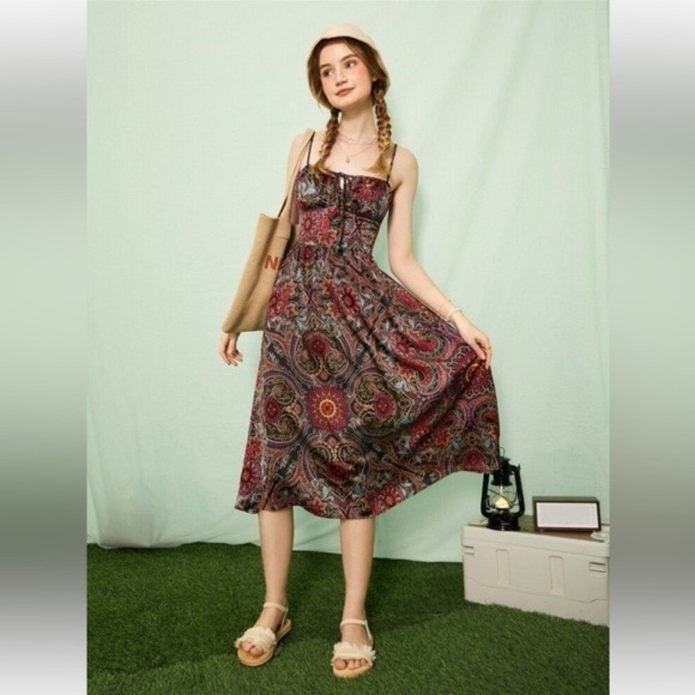 MOD Floral & Paisley Print Knot Front Cami Retro Hobo Style Dress Size 3XL